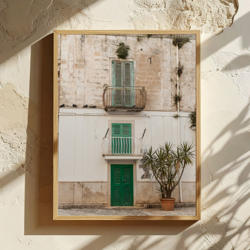 Artystyczny plakat Puglia - oryginalne przedstawienie włoskiego miasteczka Vieste to pomysł na stylowy i zaskakujący prezent dla miłośnika podróży