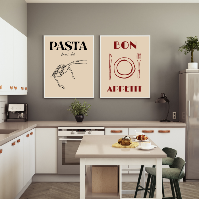 Zestaw dwóch beżowych plakatów do kuchni lub jadalni w minimalistycznym stylu