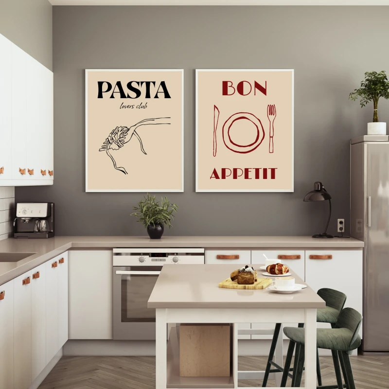 Zestaw dwóch beżowych plakatów do kuchni lub jadalni w minimalistycznym stylu