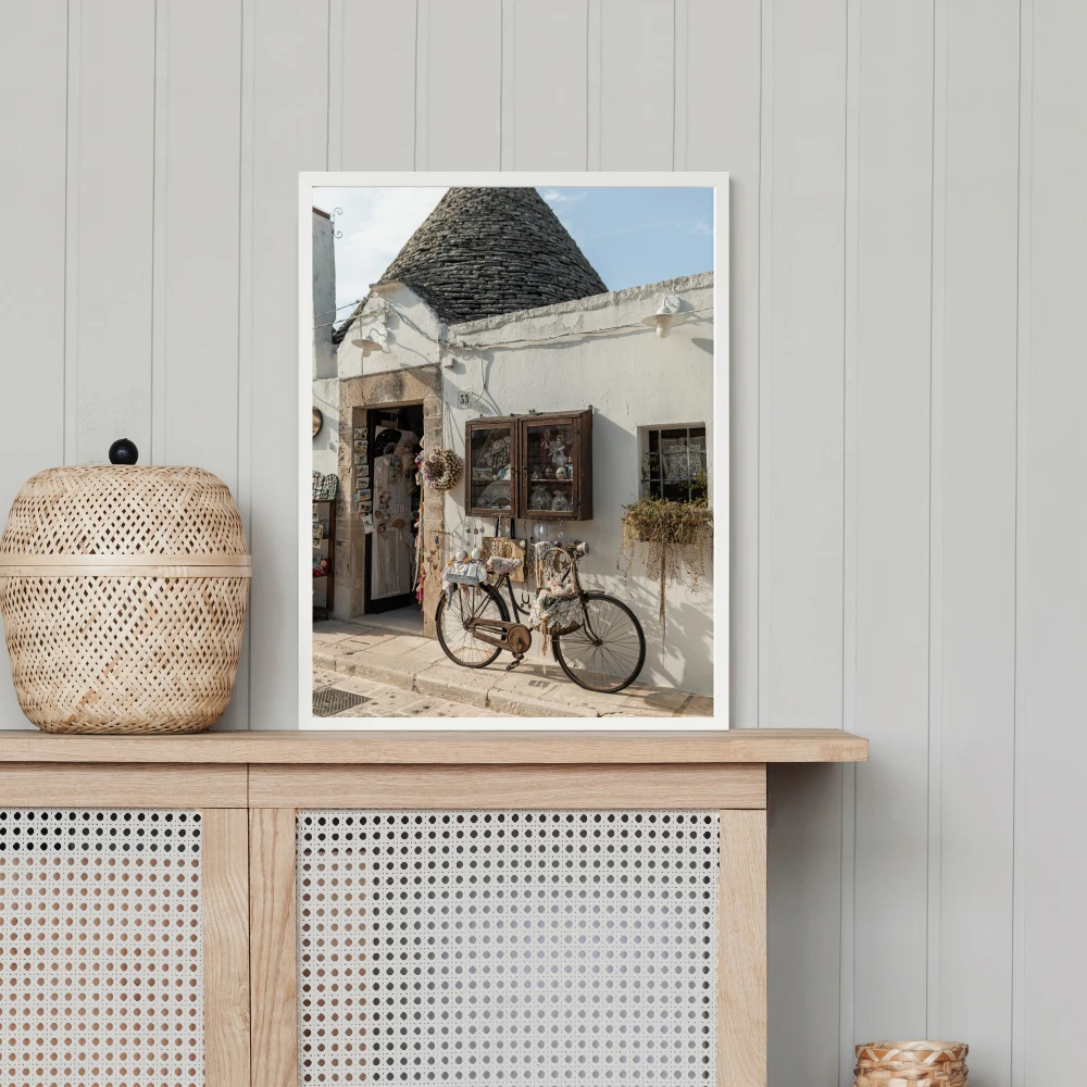 Artystyczny plakat podróżniczy z włoskiego miasta Alberobello - oryginalny dodatek do salonu lub przedpokoju