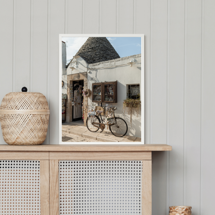 Autorski podrozniczy plakat z wloskiego miasta Alberobello