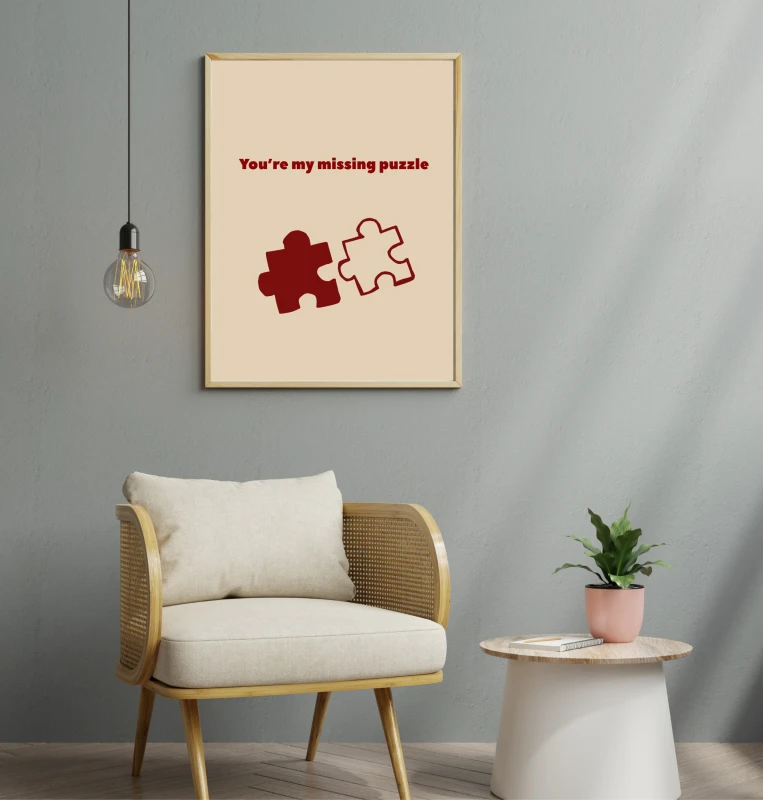Oryginalna grafika do salonu ze wzorem dwoch puzzli oraz romantycznym napisem
