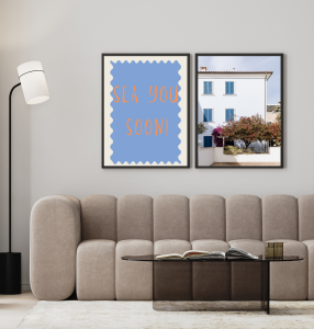 Zestaw dwoch niebieskich plakatow do dekoracji salonu