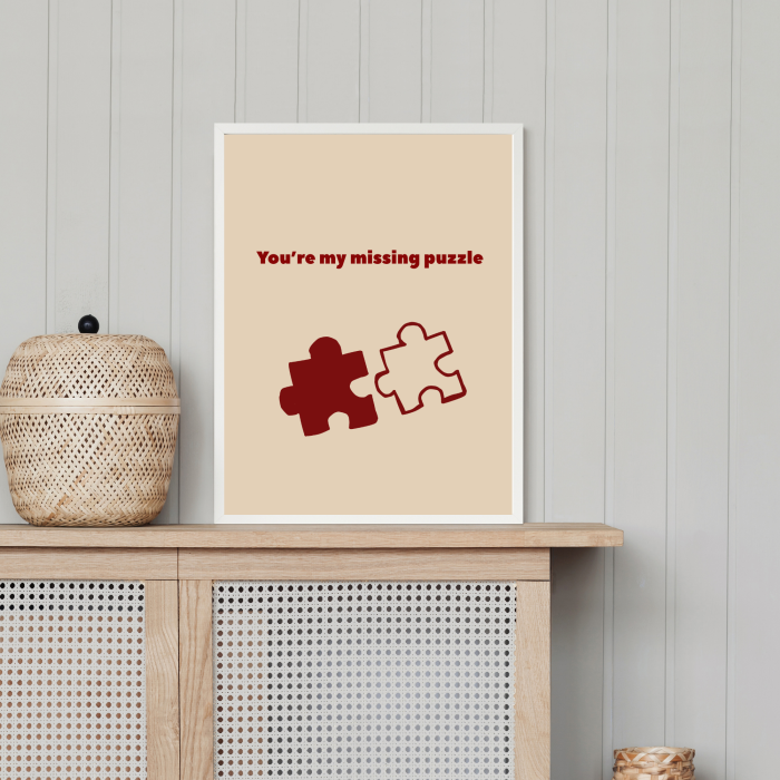 Autorski beżowy plakat do sypialni ze wzorem dwoch puzzli