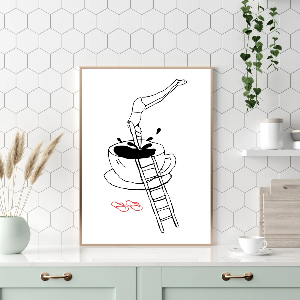 Minimalistyczna grafika skok do kawy do dekoracji kawowego kącika