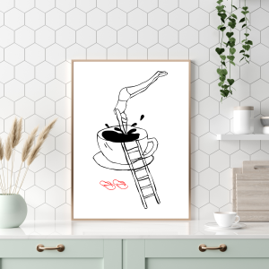 Minimalistyczna grafika skok do kawy do dekoracji kawowego kącika