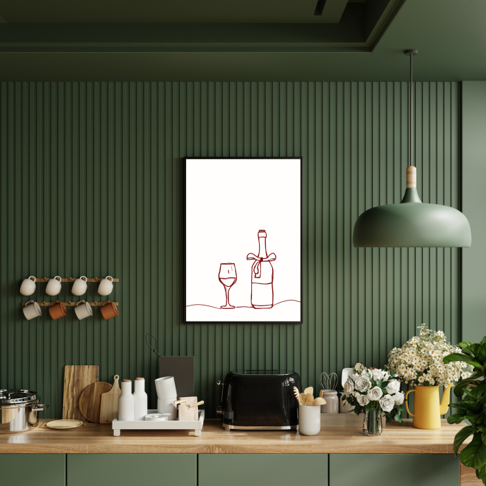 Minimalistyczny plakat do dekoracji kuchni lub jadalni z rysunkiem kieliszka i butelki wina