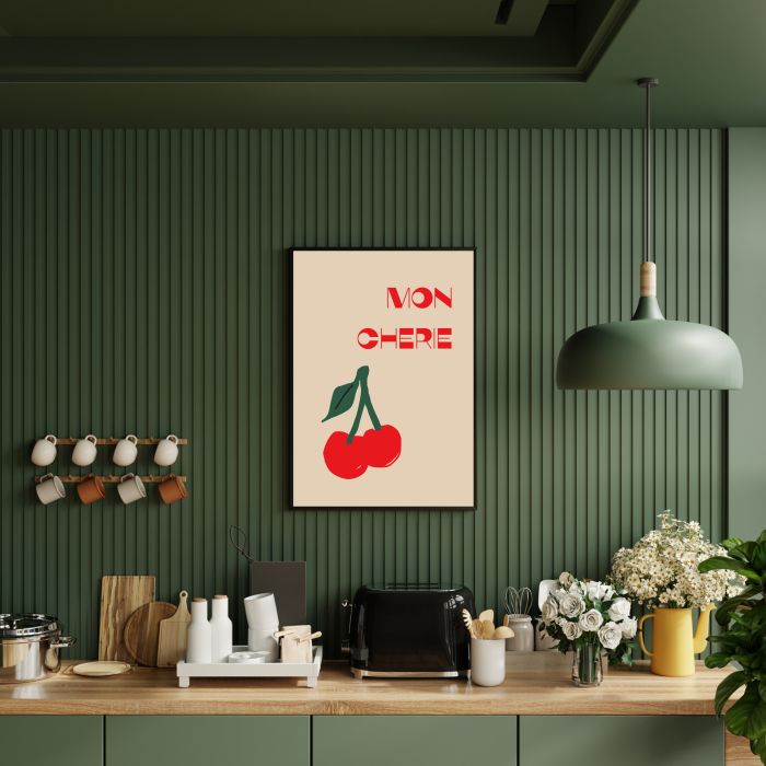 Autorski plakat do kuchni lub jadalni z napisem Mon cherie i rysunkiem wisienek