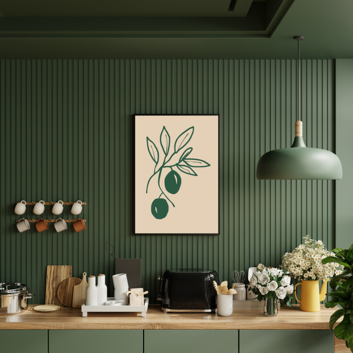 Plakat z autorskim rysunkiem zielonych oliwiek do dekoracji kuchni