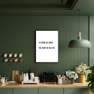 Minimalistyczny plakat kuchenny z rozmową o gotowaniu obiadu