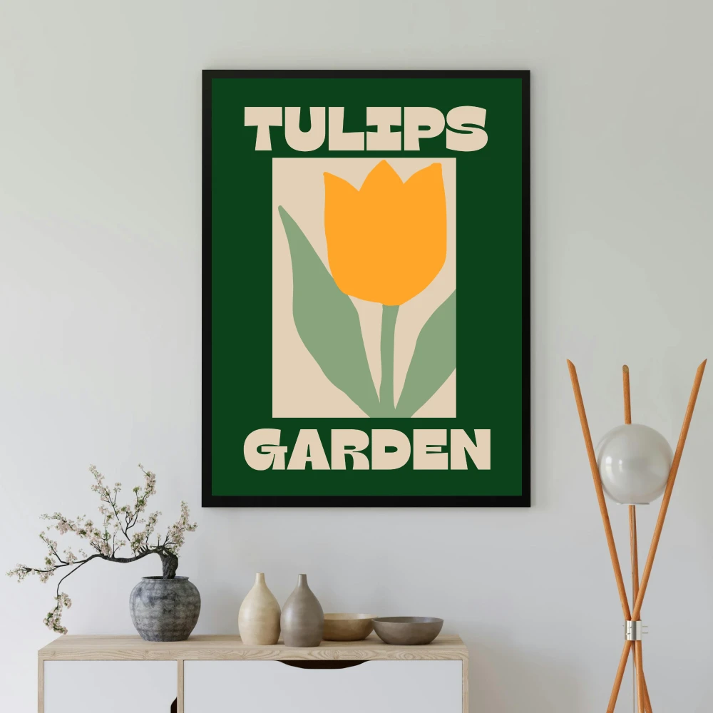 Ciemnozielony dekoracyjny plakat z napisem Tulips garden