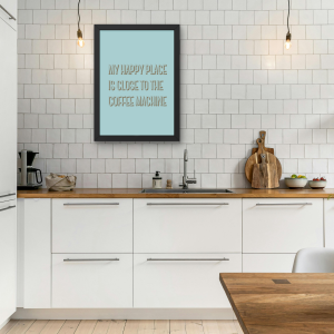 Zabawny plakat z humorystycznym napisem o ulubionym miejscu blisko ekspresu do kawy