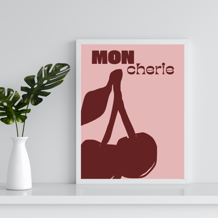 Burgundowe wiśnie na różowym tle - plakat artystyczny do kuchni, jadalni lub salonu