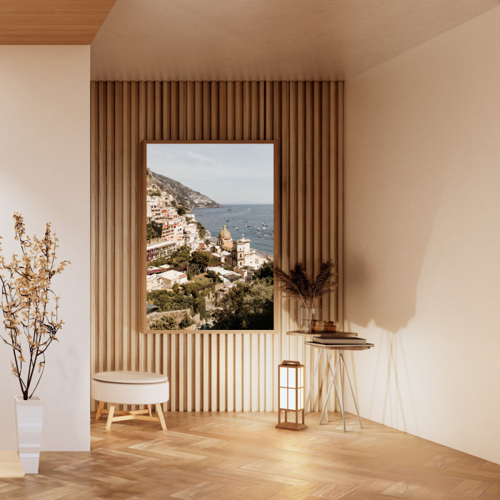 Dekoracyjny plakat obrazujący architekturę i ocean w Positano