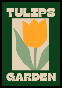 Botaniczny plakat z rysunkiem żółtego tulipana i hasłem Tulips garden