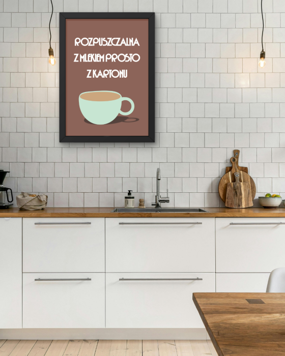Kuchenna dekoracja ścienna z humorystycznym napisem - autorski plakat do kawowego kącika