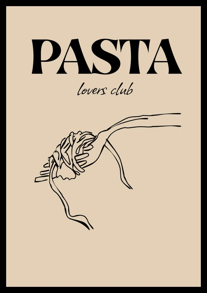 Dekoracyjny plakat z widelcem i napisem Pasta lovers club do dekoracji kuchni lub jadalni