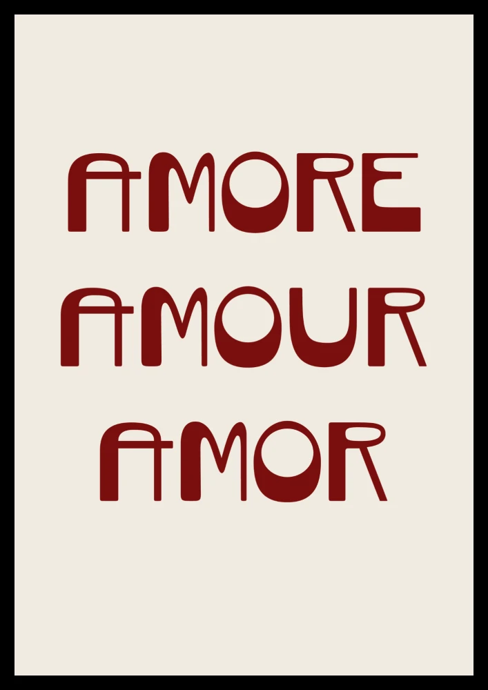 Romantyczny plakat z czerwonym napisem Amore amour amor do sypialni lub salonu