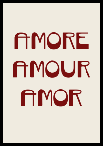 Romantyczny plakat z czerwonym napisem Amore amour amor do sypialni lub salonu