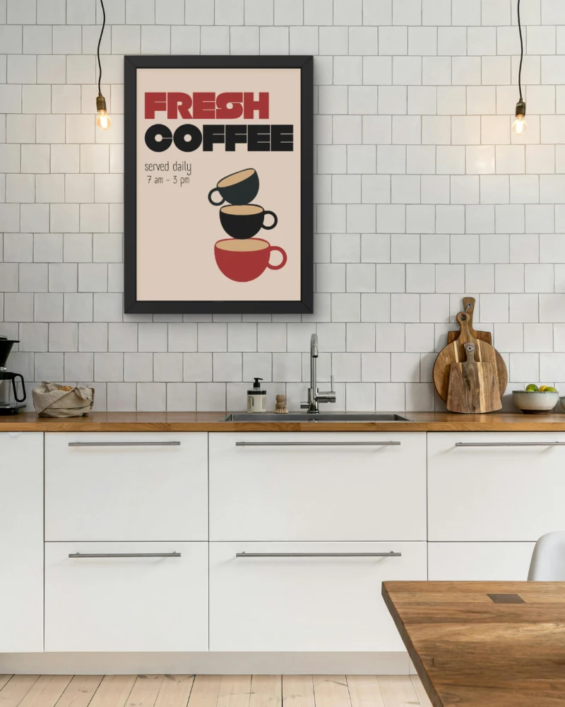 Kawowy plakat dla powieszony w kuchni na ścianie