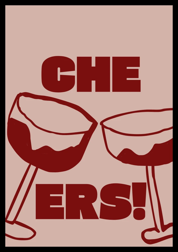 Plakat dekoracyjny z rysunkiem dwóch czerwonych kieliszków i napisem Cheers na rózowym tle do kuchni