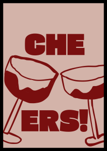 Plakat dekoracyjny z rysunkiem dwóch czerwonych kieliszków i napisem Cheers na rózowym tle do kuchni
