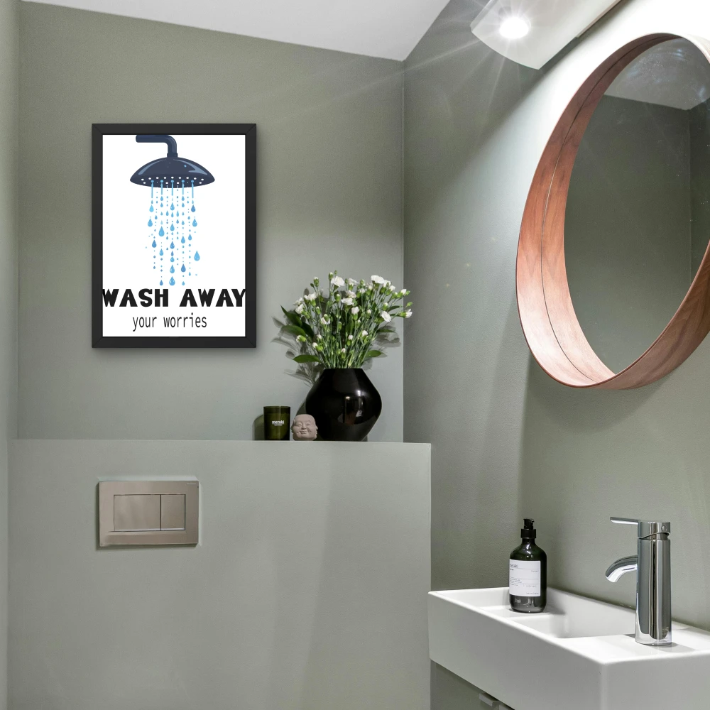 Dekoracyjny plakat z kroplami wody lecącymi spod słuchawki prysznicowej i napisem Wash away your worries - zabawna dekoracja ścienna do łazienki