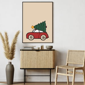 Zimowy plakat samochód z choinką - beżowy dodatek na boże narodzenie do salonu