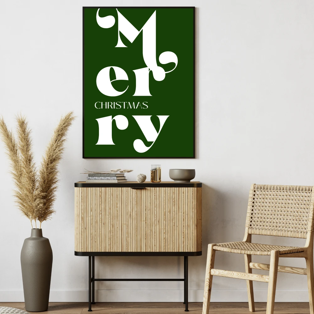 Plakat dekoracyjny w kolorze butelkowej zieleni ze stylowym napisem Merry Christmas