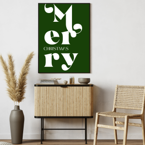 Plakat dekoracyjny w kolorze butelkowej zieleni ze stylowym napisem Merry Christmas