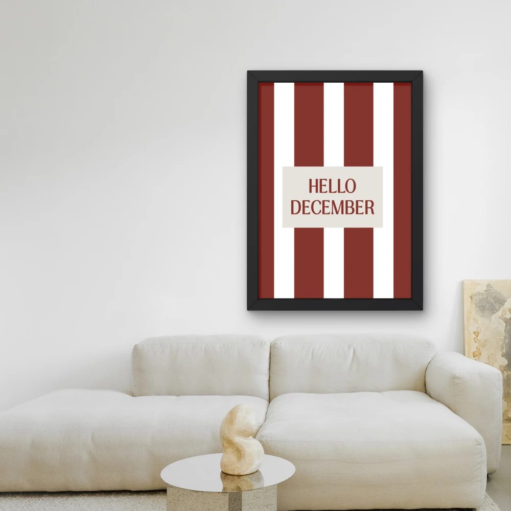 Świąteczny plakat typograficzny napis Hello December na tle w ciemno czerwone paski