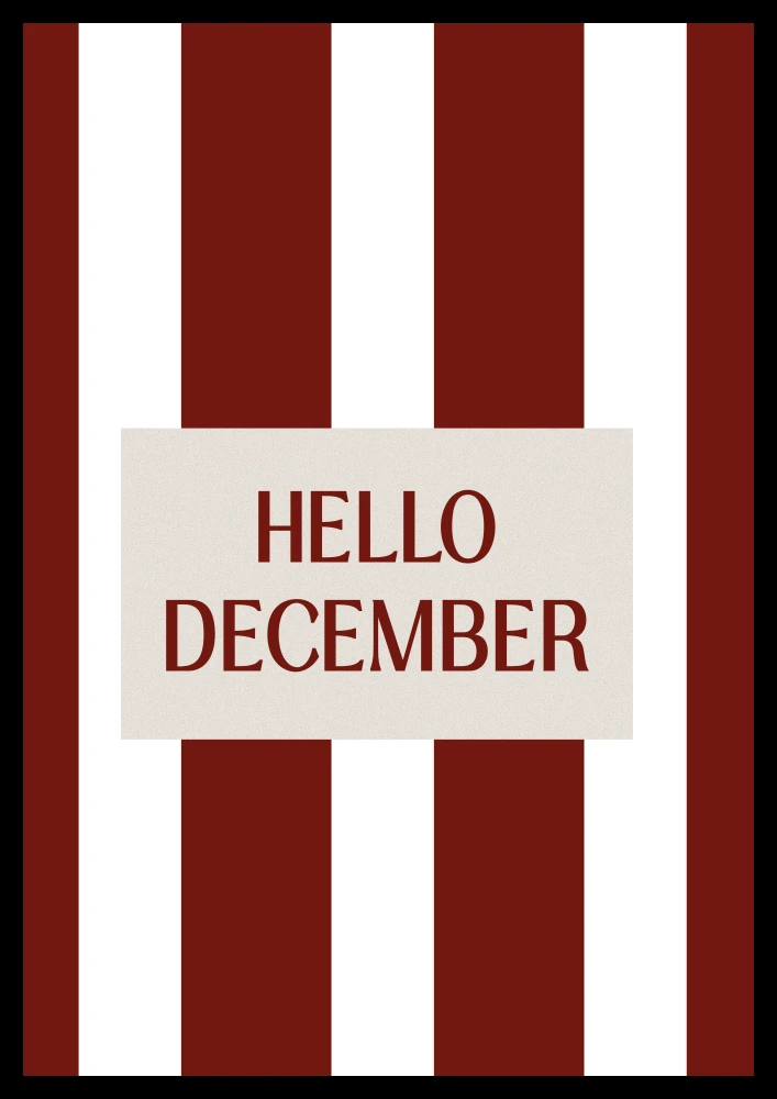 Burgundowy poster z napisem hello december do dekoracji salonu na święta