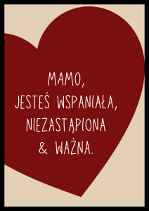 Plakat na prezent mamo jesteś wspaniała słowa napisane w czerwonym sercu