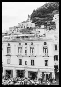 Dekoracyjny plakat wykonany w Amalfi w czarno-białym kolorze do dekoracji salonu, przedpokoju lub biura