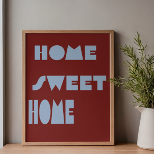 Nowoczesny burgundowy plakat z niebieskim napisem Home sweet home - modna dekoracja na ścianę do przedpokoju