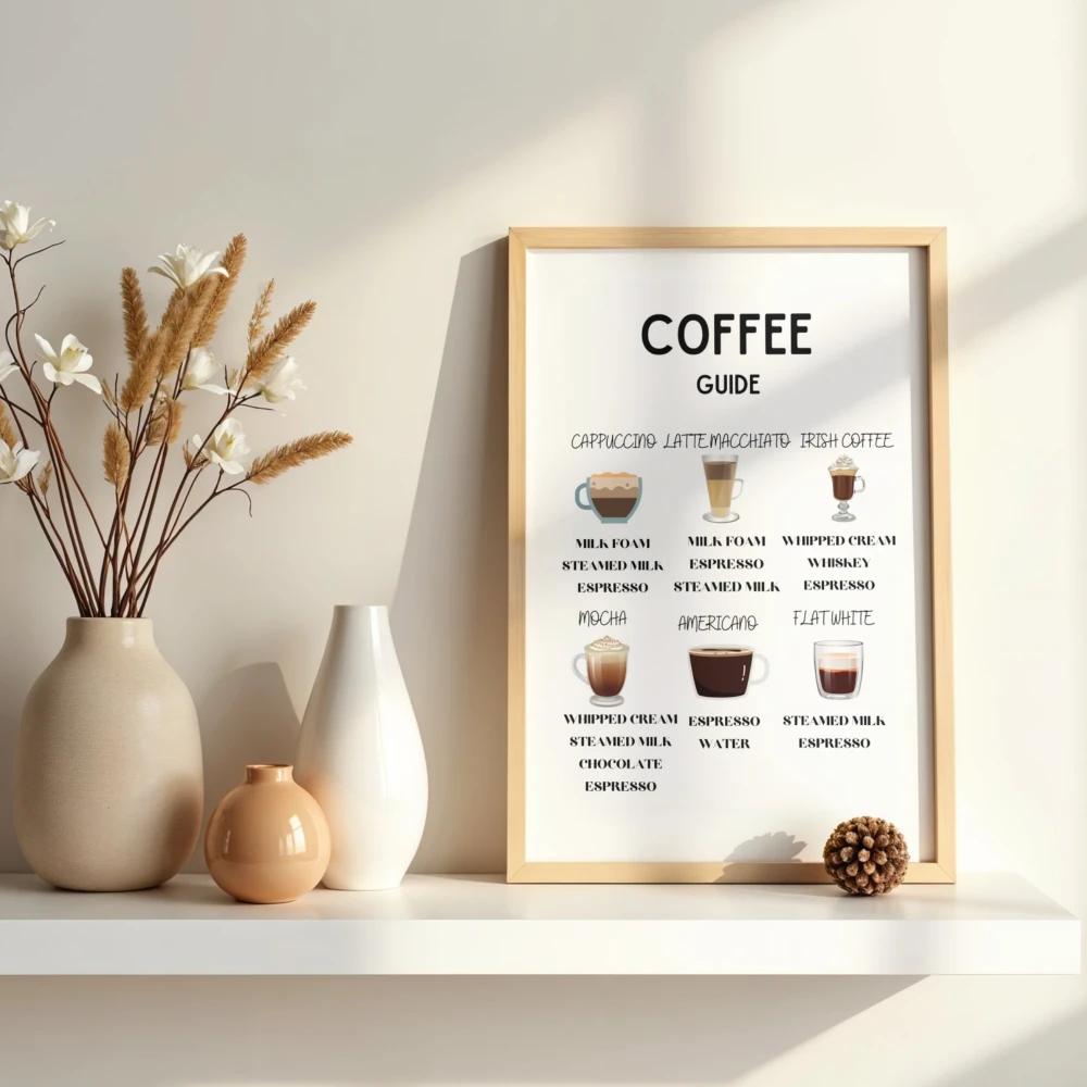 Minimalistyczny plakat z rodzajami kaw do dekoracji kuchni, jadalni lub kawowego kącika