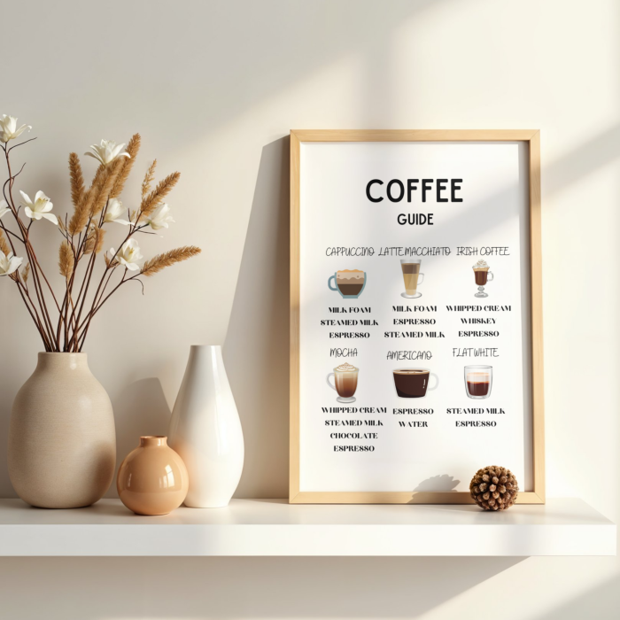 Minimalistyczny plakat z rodzajami kaw do dekoracji kuchni, jadalni lub kawowego kącika
