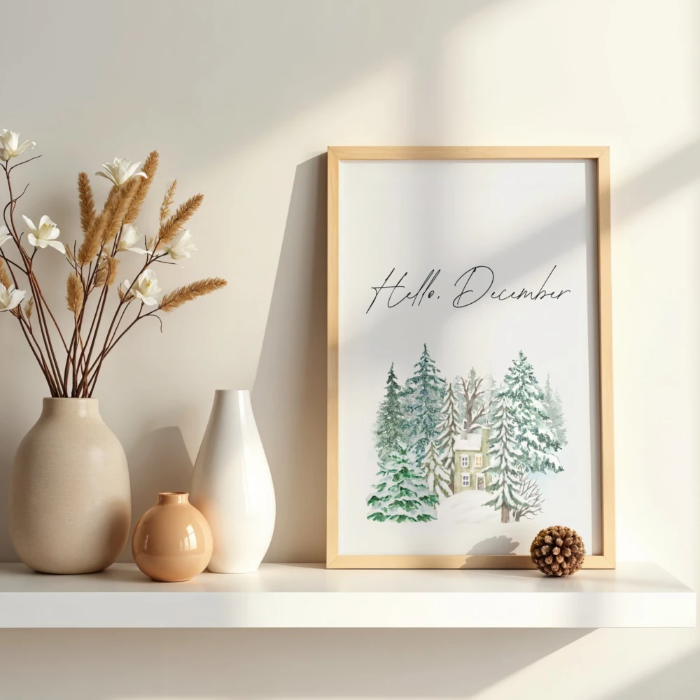 Dekoracyjny zimowy plakat z napisem Hello December i rysunkiem w stylu watercolor lasu oraz domu
