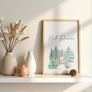 Dekoracyjny zimowy plakat z napisem Hello December i rysunkiem w stylu watercolor lasu oraz domu