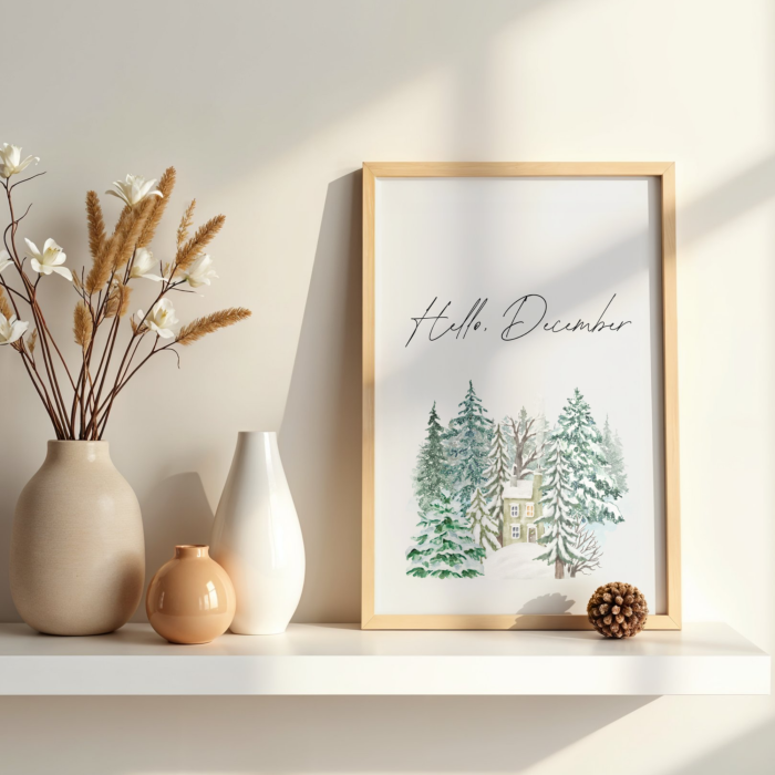 Dekoracyjny zimowy plakat z napisem Hello December i rysunkiem w stylu watercolor lasu oraz domu