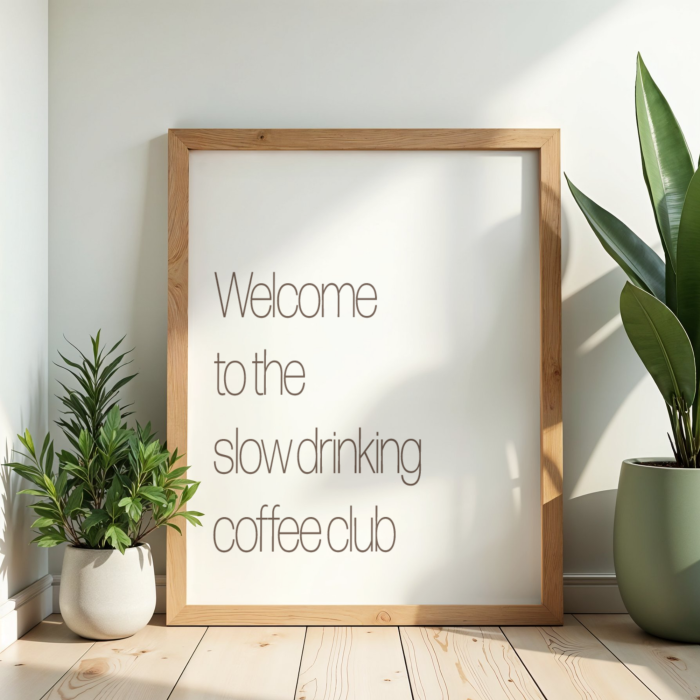 Typograficzny plakat z eleganckim napisem Slow drinking coffee club do kuchni lub jadalni