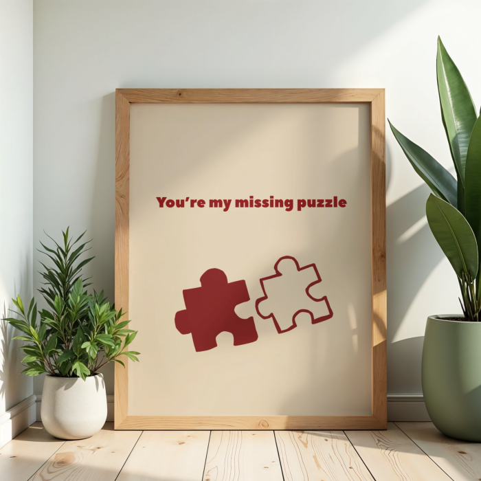 Beżowy romantyczny plakat z czerwonym napisem Youre my missing puzzle