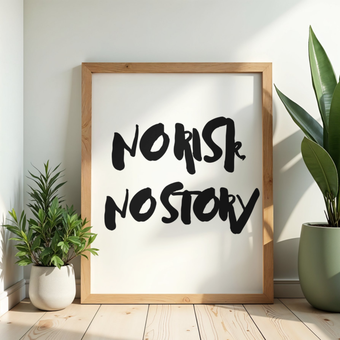 Dekoracyjny plakat z inspirującym napisem No risk no story - modny dodatek do biura lub salonu
