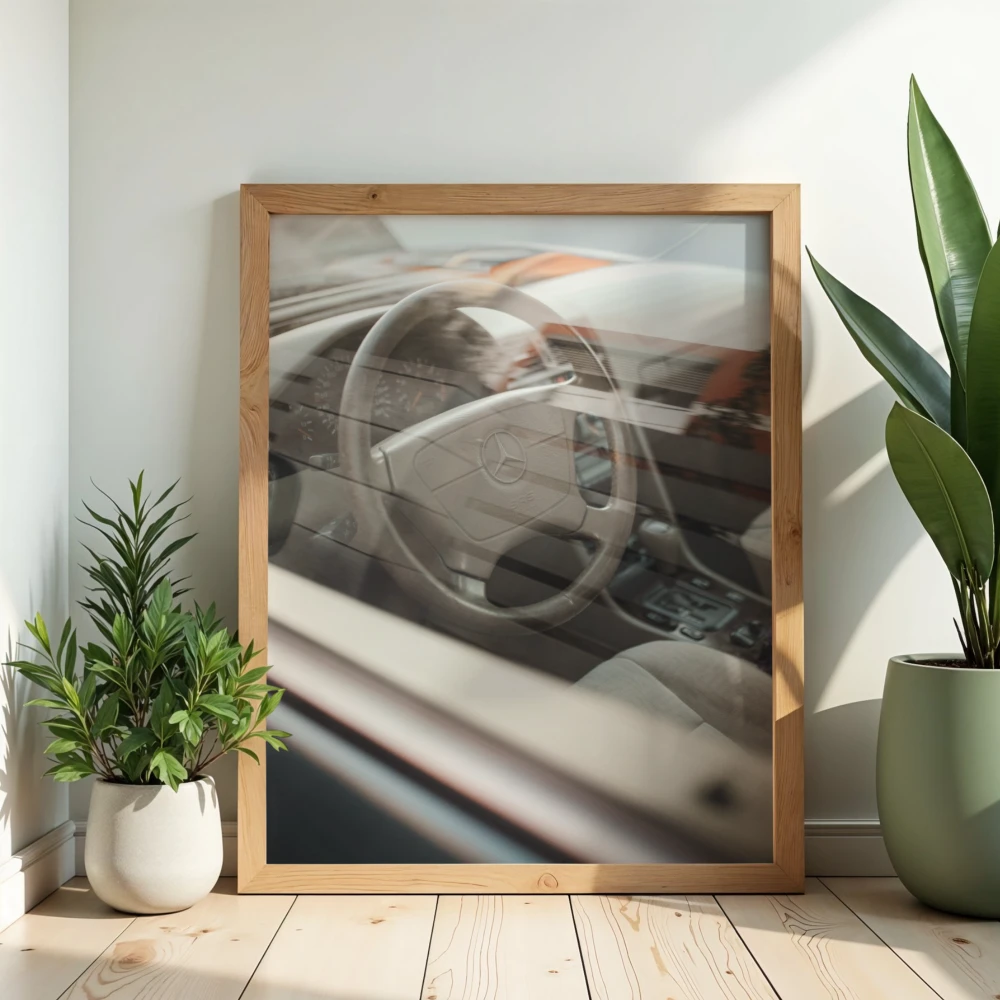 Motoryzacyjny poster z wnetrzem vintage auta do powieszenia w biurze