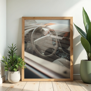 Motoryzacyjny poster z wnetrzem vintage auta do powieszenia w biurze