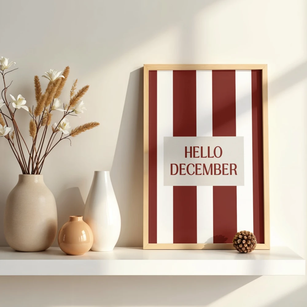 Świąteczny poster beżowo-czerwony z napisem Hello december