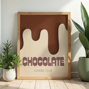 Apetyczny plakat z motywem czekolady i napisem Chocolate lovers club do dekoracji kuchni lub jadalni
