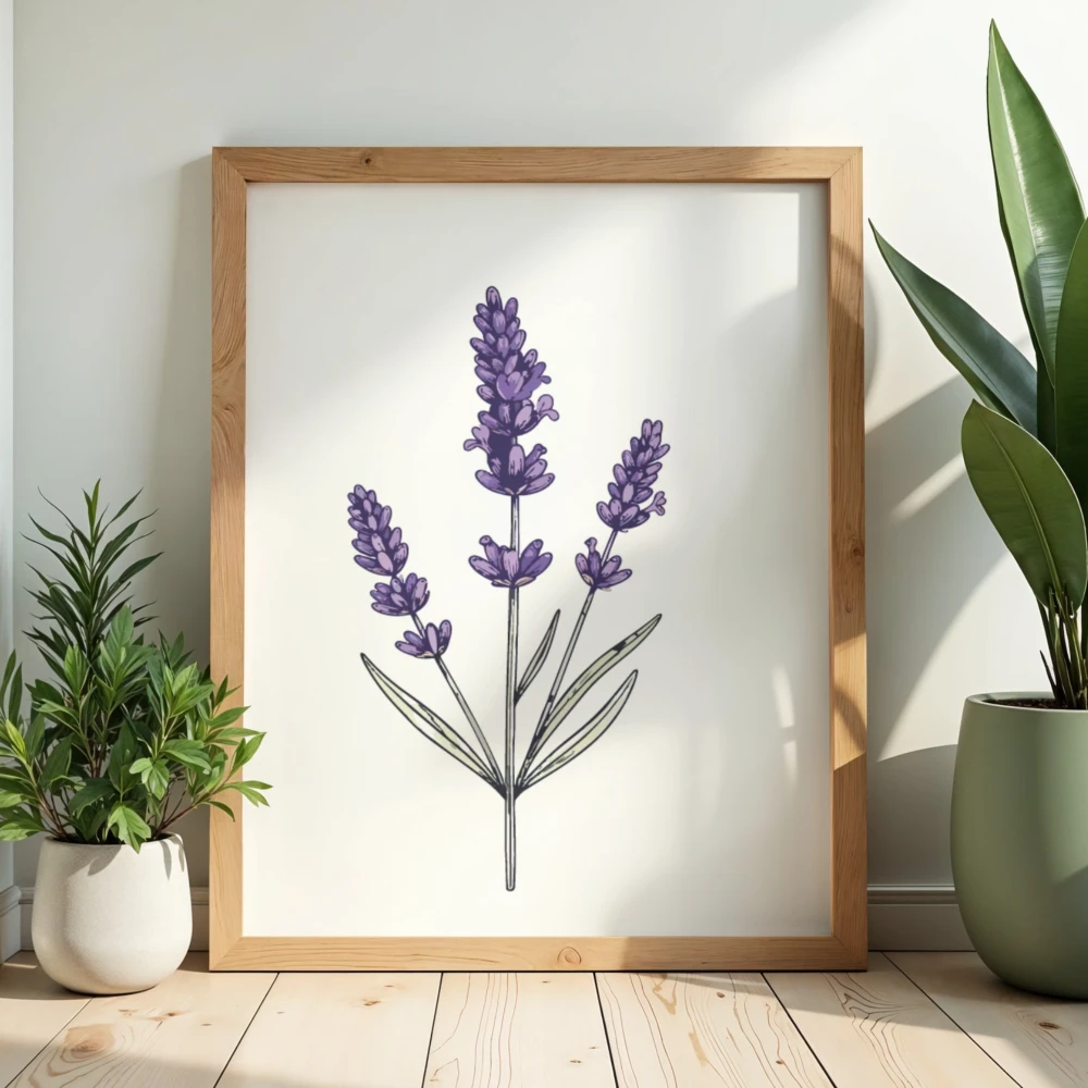Minimalistyczny plakat kuchenny z rysunkiem gałązki lawendy