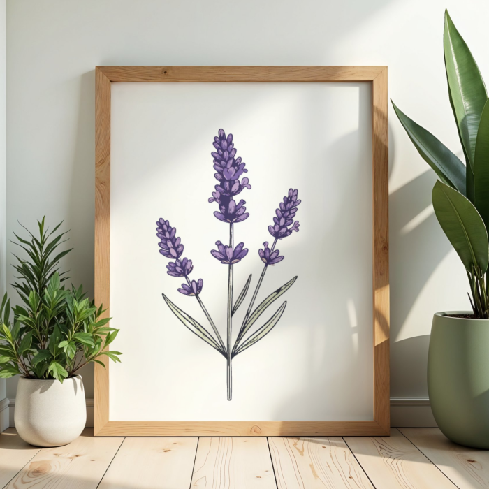 Minimalistyczny plakat kuchenny z rysunkiem gałązki lawendy