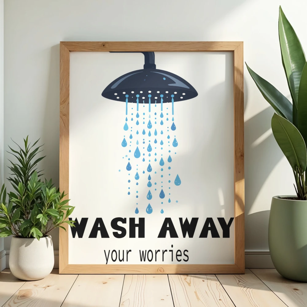 Typograficzny plakat ze wspierającym napisem Wash away your worries do łazienki